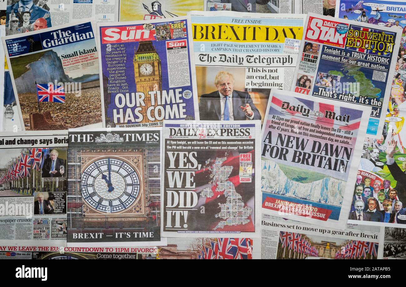 Britische Zeitungen berichten über Großbritanniens Austritt aus der Europäischen Union nach fast vier Jahren Negationen. Stockfoto