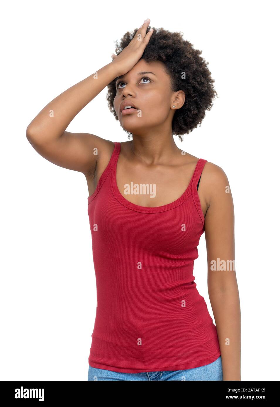 afroamerikanische junge Erwachsene Frau, die sich nicht isoliert auf weißem Hintergrund für den Schnitt gestikuliert hat Stockfoto