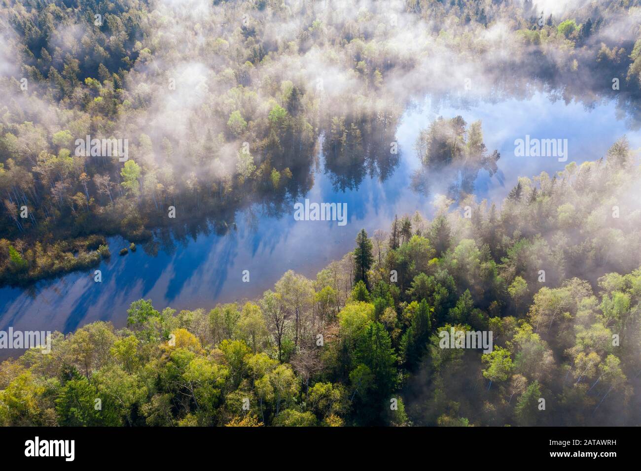 Dunstschwaden über Wald und Teich, Birkensee bei Geretsried, Drohnenschuss, Oberbayern, Bayern, Deutschland Stockfoto