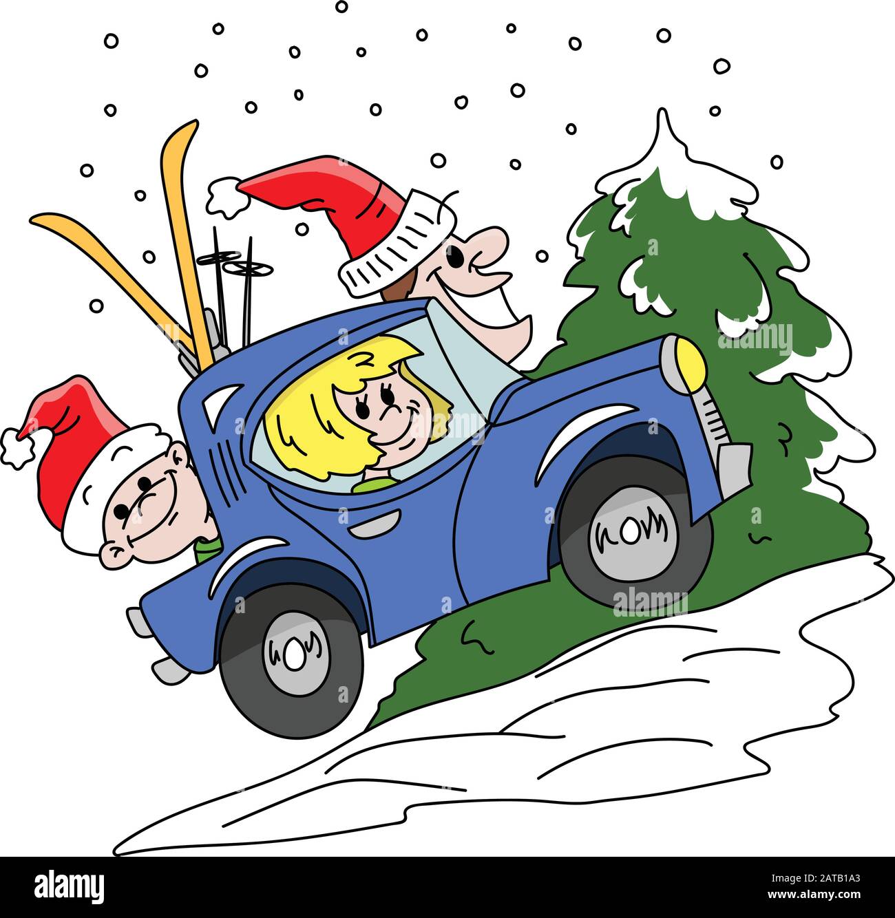 Cartoon-Familie, die mit ihrer blauen Autovektor-Illustration in den Winterurlaub geht Stock Vektor