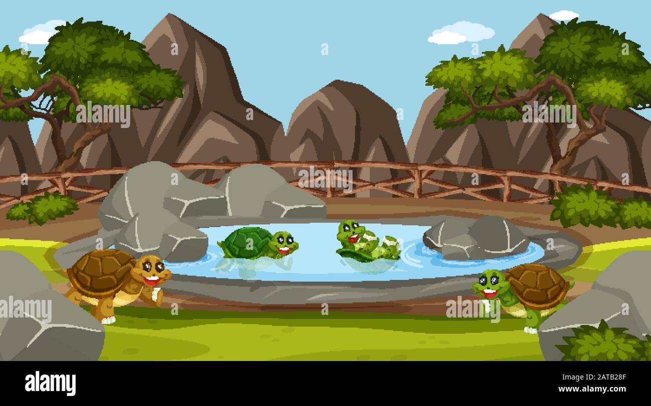 Szene mit wilden Tieren im Zoo zur Tageszeit-Illustration Stock Vektor