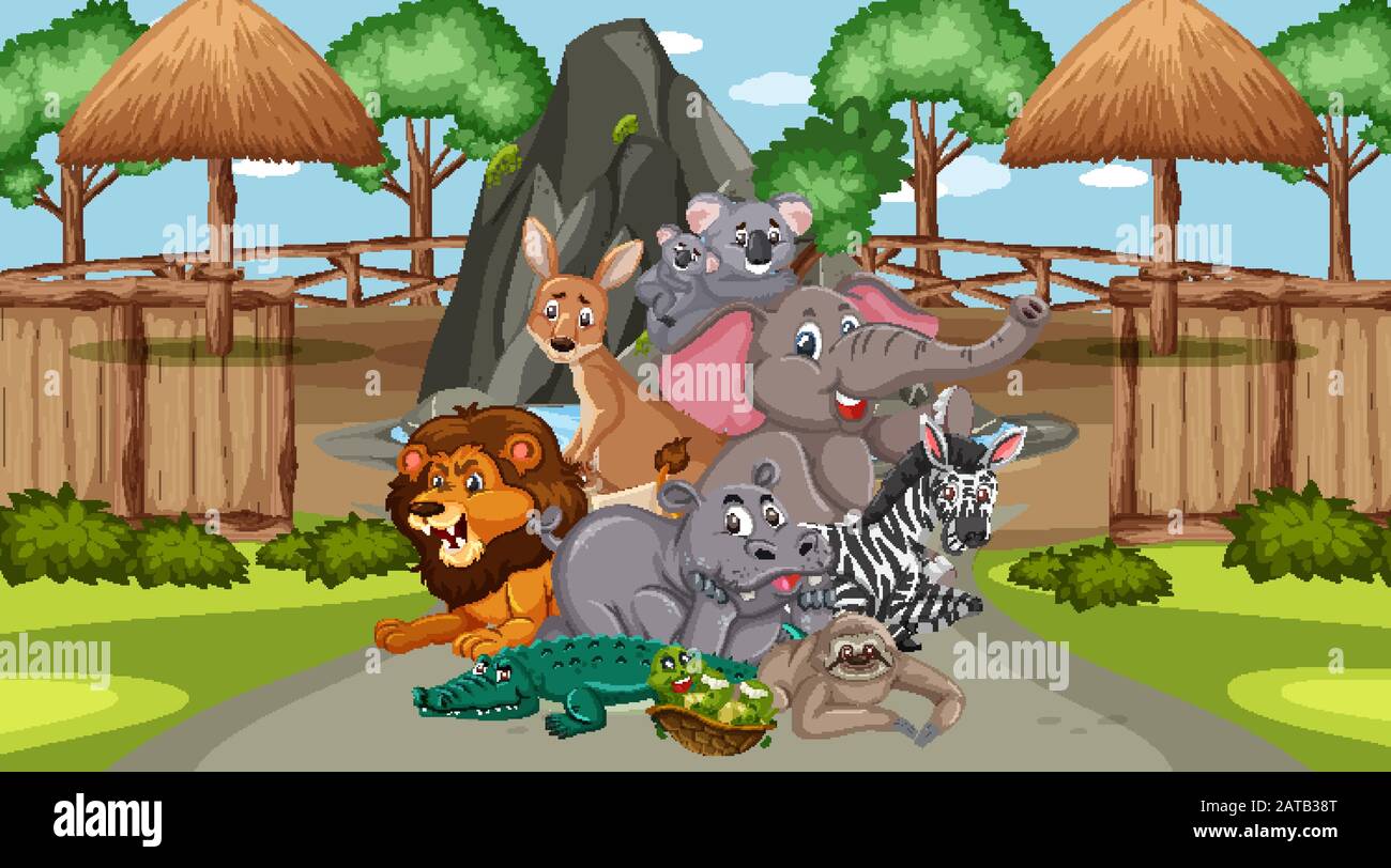 Szene mit wilden Tieren im Zoo zur Tageszeit-Illustration Stock Vektor