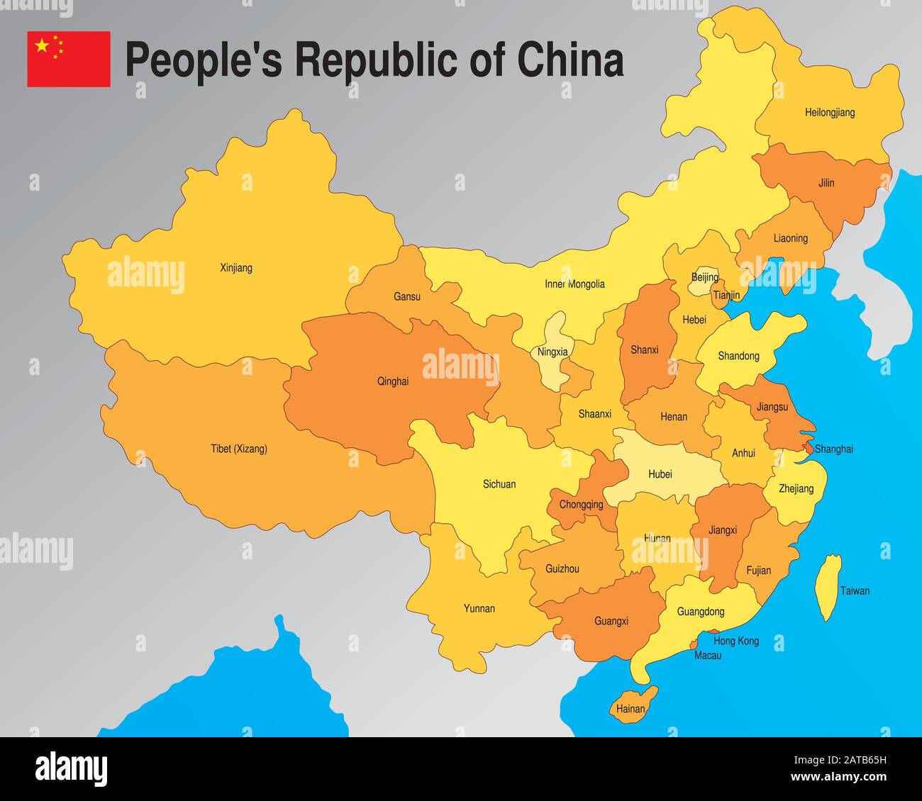 Politische Karte der Volksrepublik China mit der Aufteilung der Provinzen mit ihren Namen in Gelb- und Orangentönen. Vektorbild Stock Vektor