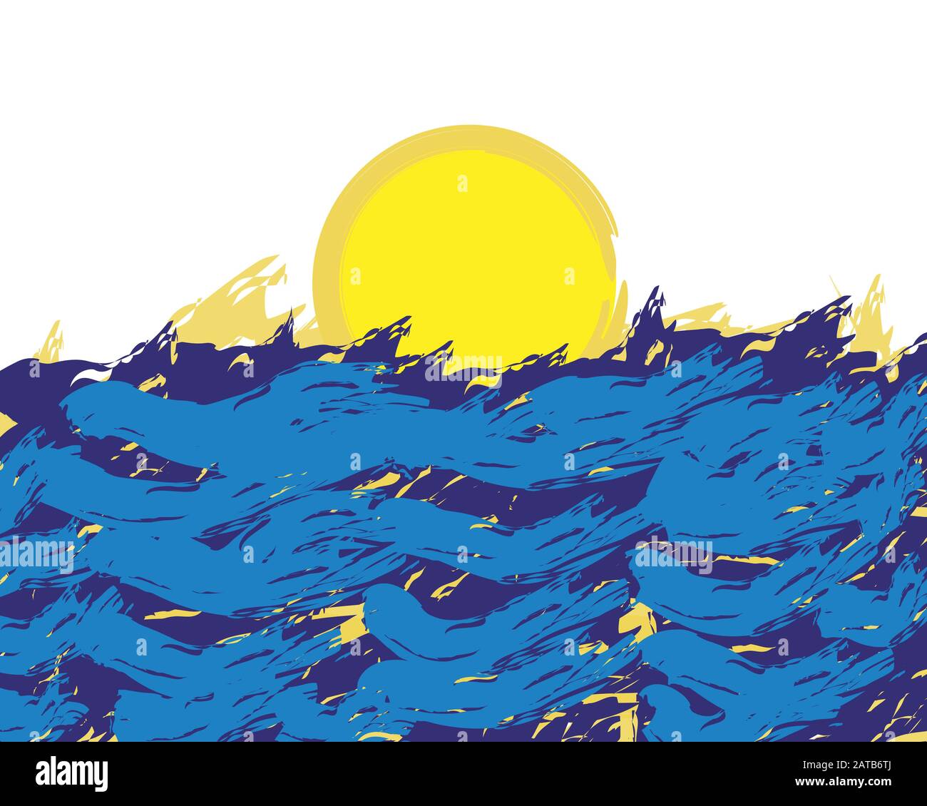 Hand ziehende Sommerszene mit sonnenverwöhntem Meer und fröhlicher Illustration Stockfoto