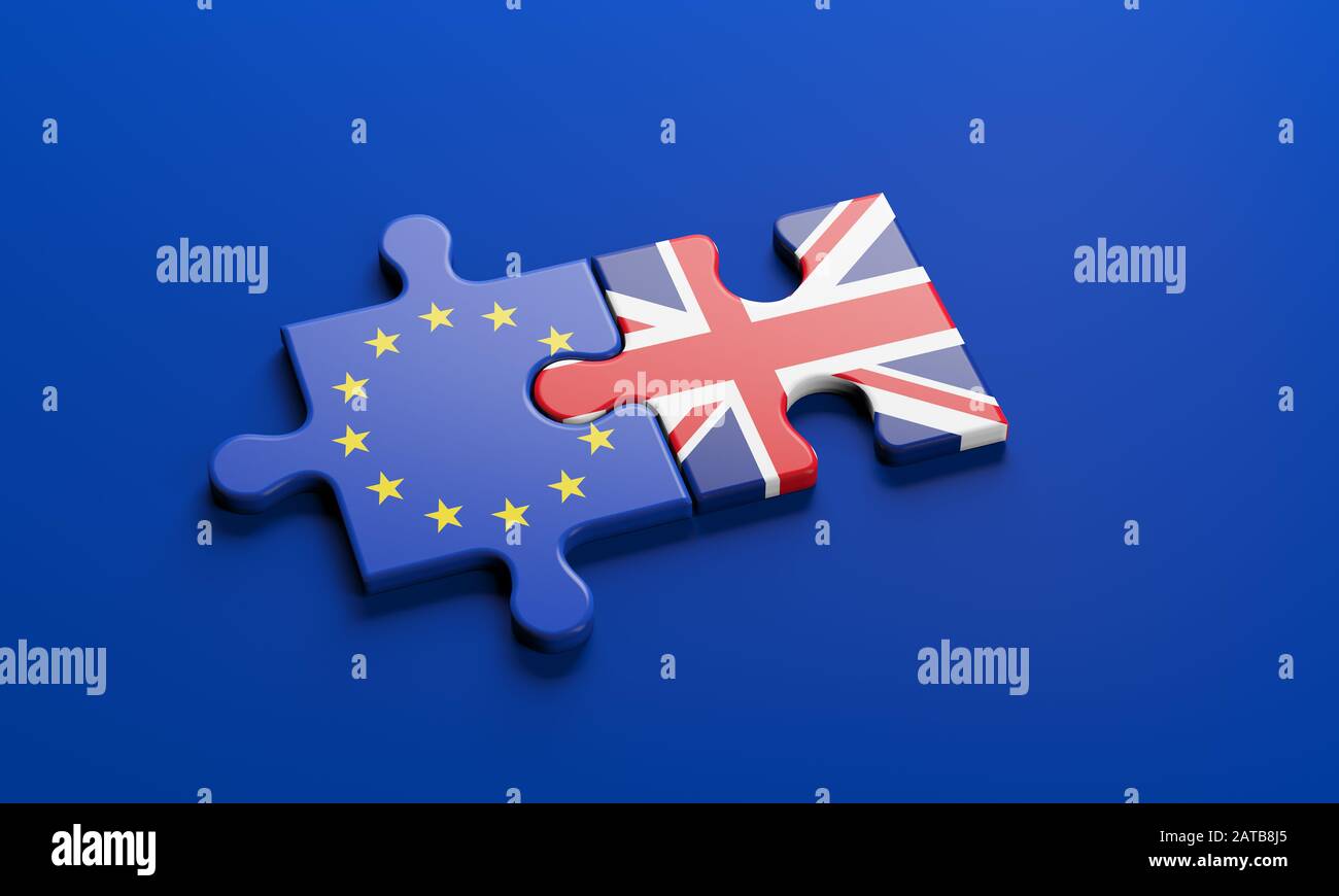 Brexit - britischer Austritt aus der Europäischen Union im Jahr 2020. Das Konzept eines "Brexit", das über Puzzle dargestellt wird. Die Mitgliedstaaten sind durch Teile von vertreten Stockfoto