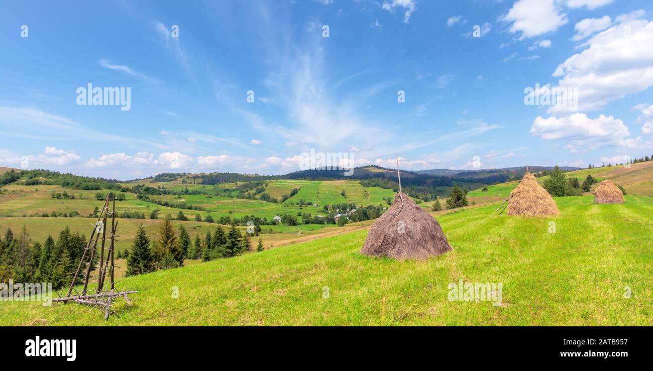 Heuhaufen auf der Wiese im Sommer. Traditionelle karpatische ländliche Landschaft in den Bergen. sonniges Wetter mit Fluffy Clouds Stockfoto