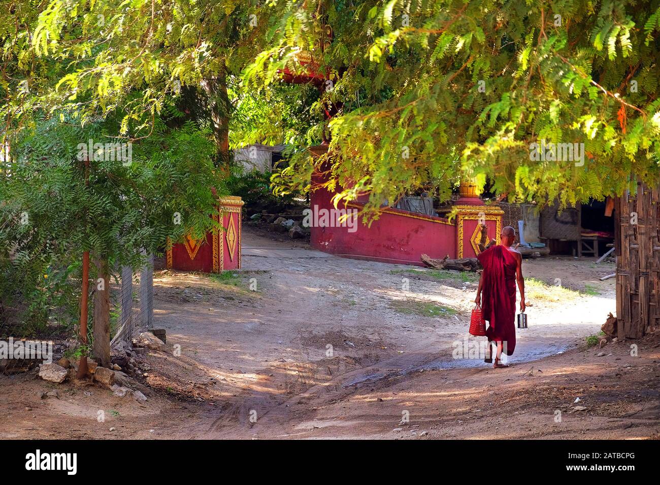Buddhistischer Mönch in Rot gekleidet, der auf den Straßen eines örtlichen Dorfes in Mingun, Mandalay, Myanmar, inmitten grüner Vegetation spaziert. Stockfoto