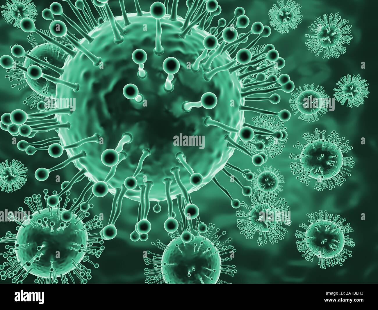 Mikroskopisches Bild tödlicher Coronavirus-Partikel Stockfoto