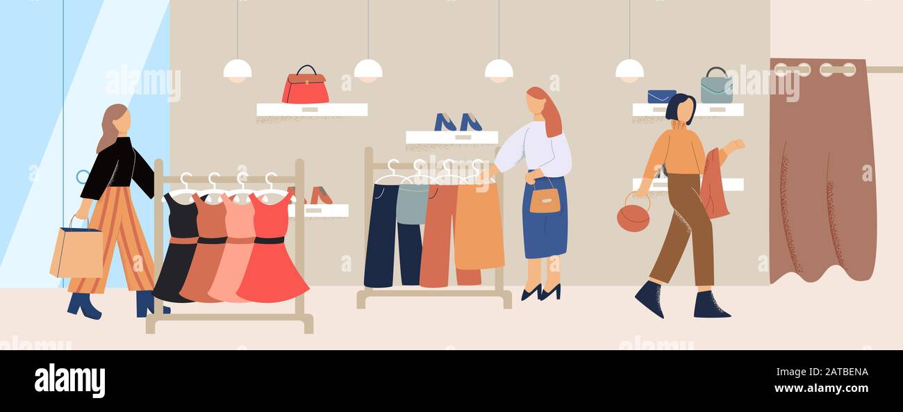 Cartoon weiblich Kunde in trendigen Kleiderladen Vector Flat Illustration Stock Vektor