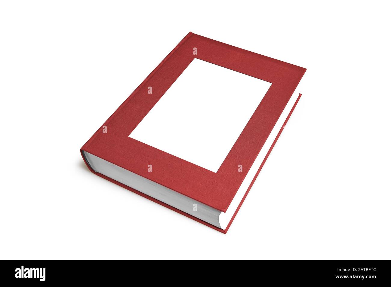 Rotes Fotobuch mit leerem Rahmen für Ihre Bilder isoliert auf Weiß Stockfoto