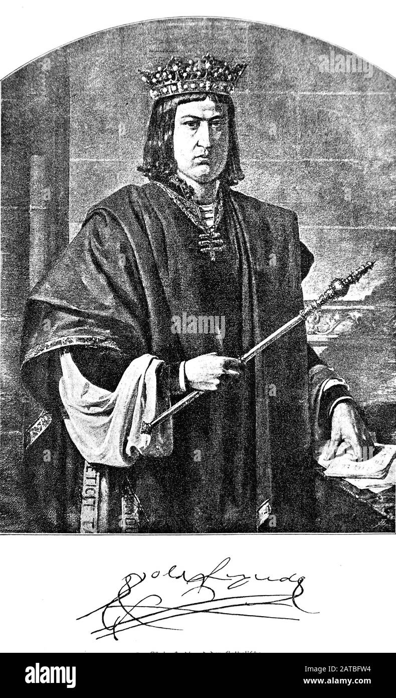 Ferdinand II., Ferrando II., genannt der Katholik, el Católico), war König von Aragon und König von Sizilien/Ferdinand, bekennender Ferdinand der katholischen (geboren 10. März 1452 in Sos, gestorben 23. Januar 1516 in Madrigalejo), war ab 1468 König von Sizilien, historisch, digital verbesserte Wiedergabe eines Originals aus dem 19. Jahrhundert / Digitale Produktion einer Originalanlage aus dem 19. Jahrhunderts Stockfoto