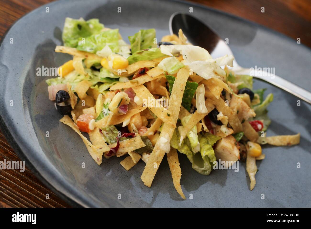 Huhn sriracha Salat mit Streifen Nacho-Chips Stockfoto