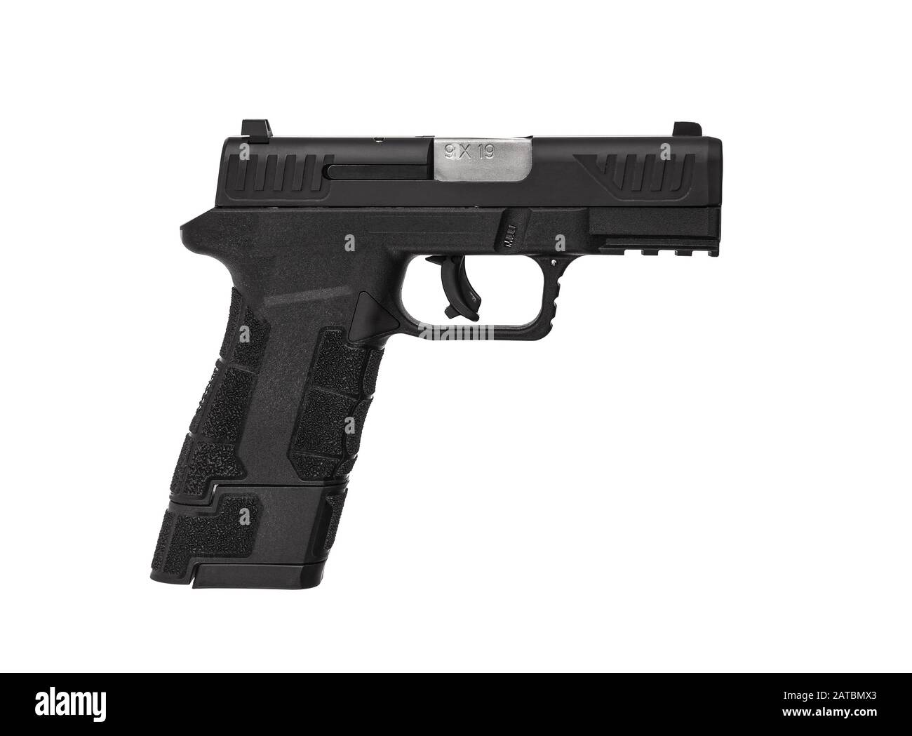 Gewehr Pistole schwarz auf weißem Hintergrund. Kurz- und Sammelsicherung für Sport und Selbstverteidigung. Bewaffnung für Polizei, Spezialeinheiten und der a Stockfoto