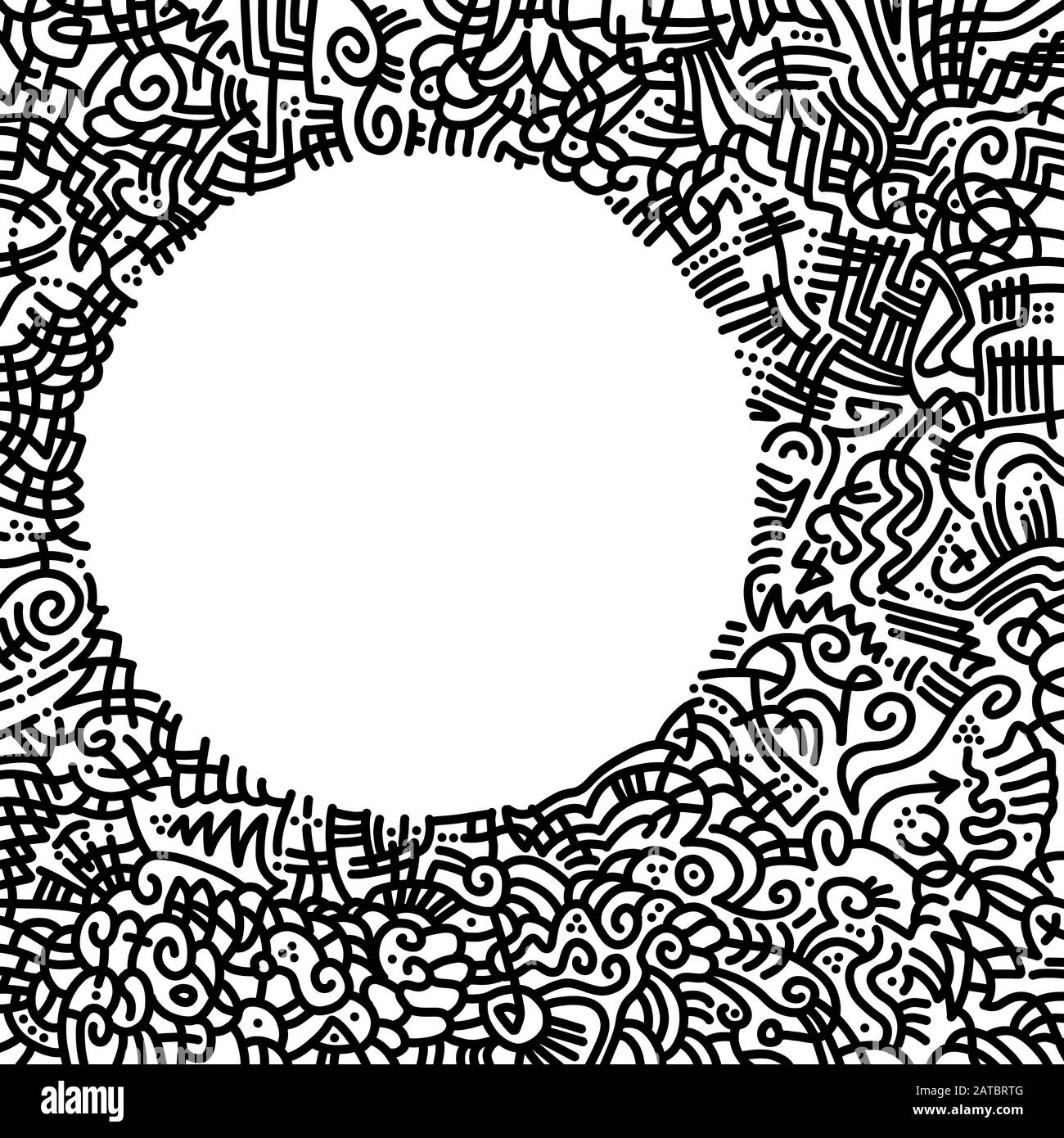 Handgezeichneter, quadratischer Rahmen mit abstrakten Mustern, aus schwarzen Kurven, Linien und Punkten und einem weißen Kreis, der freien Raum formt. Stockfoto