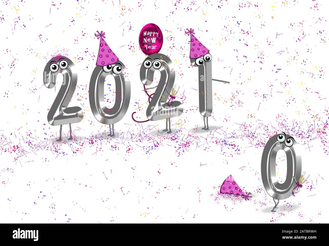 Neujahr 2021 Party mit Konfetti und Ballon auf Weiß Stockfoto