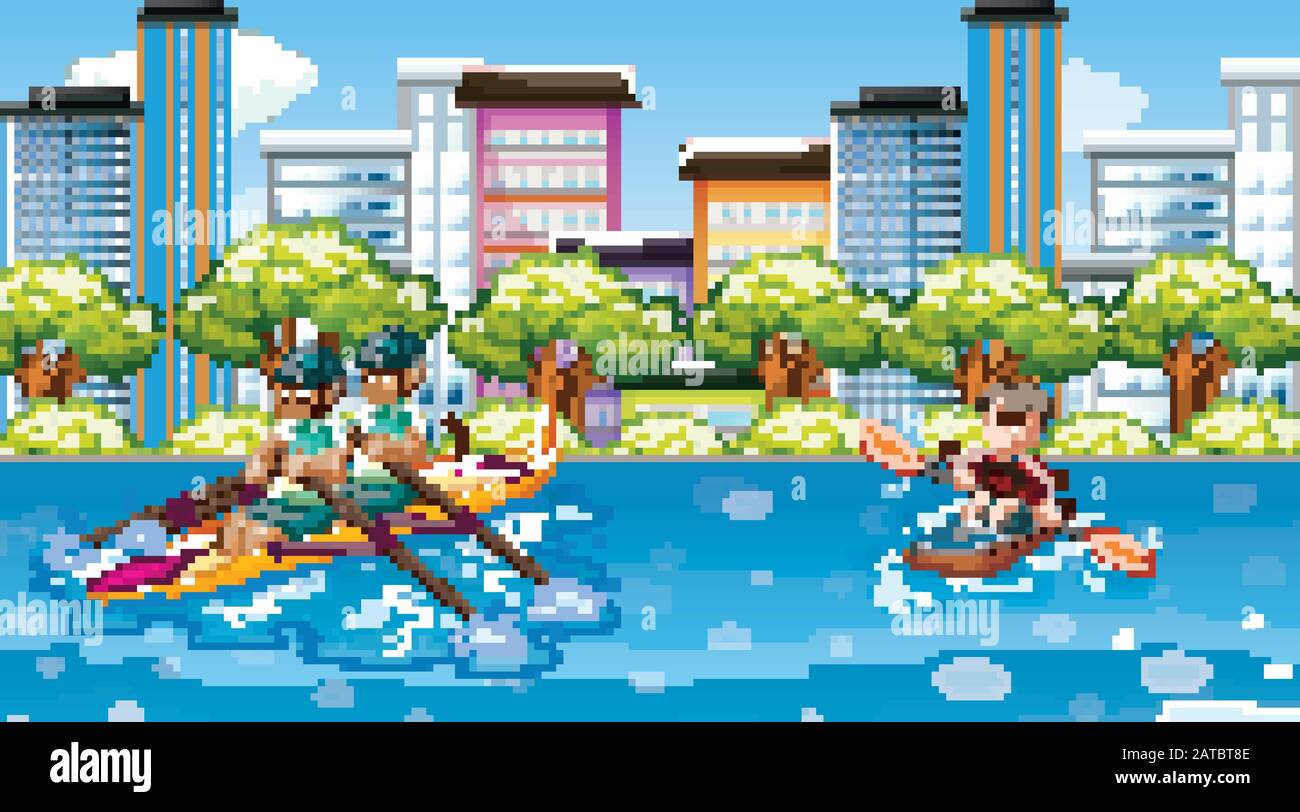 Szene mit Menschen, die in der Stadtillustration Wassersport betreiben Stock Vektor