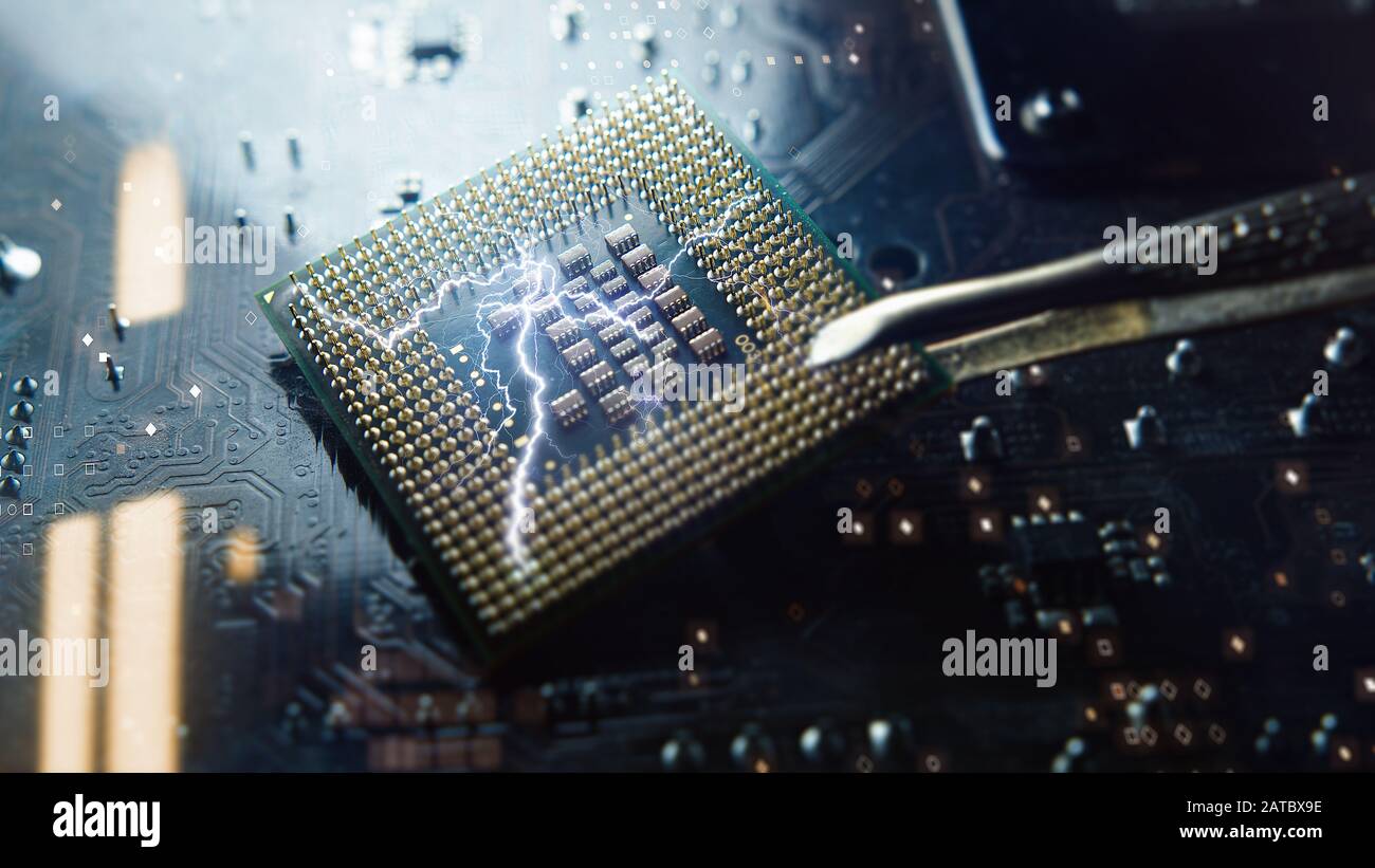 Zentrale CPU-Anklageeinheit mit den Kontakten nach oben auf der Hauptplatine des PCs. Der Chip ist ein elektrischer Effekt mit blauem Licht. Technologie B. Stockfoto