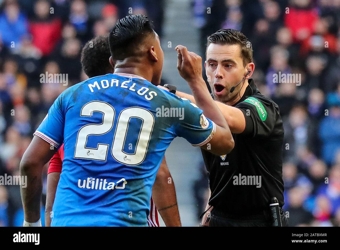 Glasgow, Großbritannien. Februar 2020. Der Rangers FC spielte Aberdeen auf dem Heimstadion der Glasgower Mannschaften im Ibrox-Fußballstadion in einem Spiel der Scottish Premiere League. Die letzten beiden Spiele zwischen diesen Mannschaften führten zu einem 5 - 0-Sieg für die Rangers in Ibrox und einem 2 - 2-Unentschieden in Pittodrie, Aberdeens Heimatstadion, so dass dies in den Ligapunkten ein wichtiges Spiel für beide Mannschaften ist. Das Spiel endete 0 - 0. Credit: Findlay/Alamy Live News Stockfoto