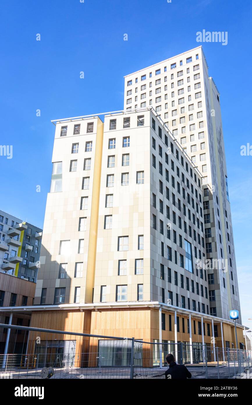 Wien, Wien: 84 m hoher Holzhochhaus oho Holzhochhaus, höchster Holzhochhaus der Welt, im neuen Stadtteil Seestadt Aspern im 22. Donaustadt Stockfoto