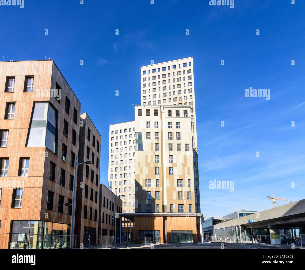 Wien, Wien: 84 m hoher Holzhochhaus oho Holzhochhaus, höchster Holzhochhaus der Welt, im neuen Stadtteil Seestadt Aspern im 22. Donaustadt Stockfoto