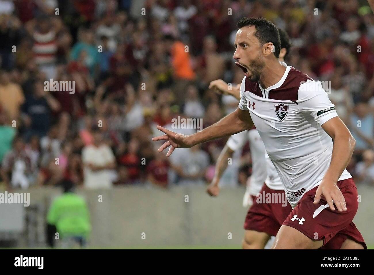 Rio de Janeiro, Brasilien, 29. Januar 2020 Fußballspieler Nenê aus dem Fluminense-Team feiert sein Tor beim Flamengo x Fluminense-Spiel für t Stockfoto