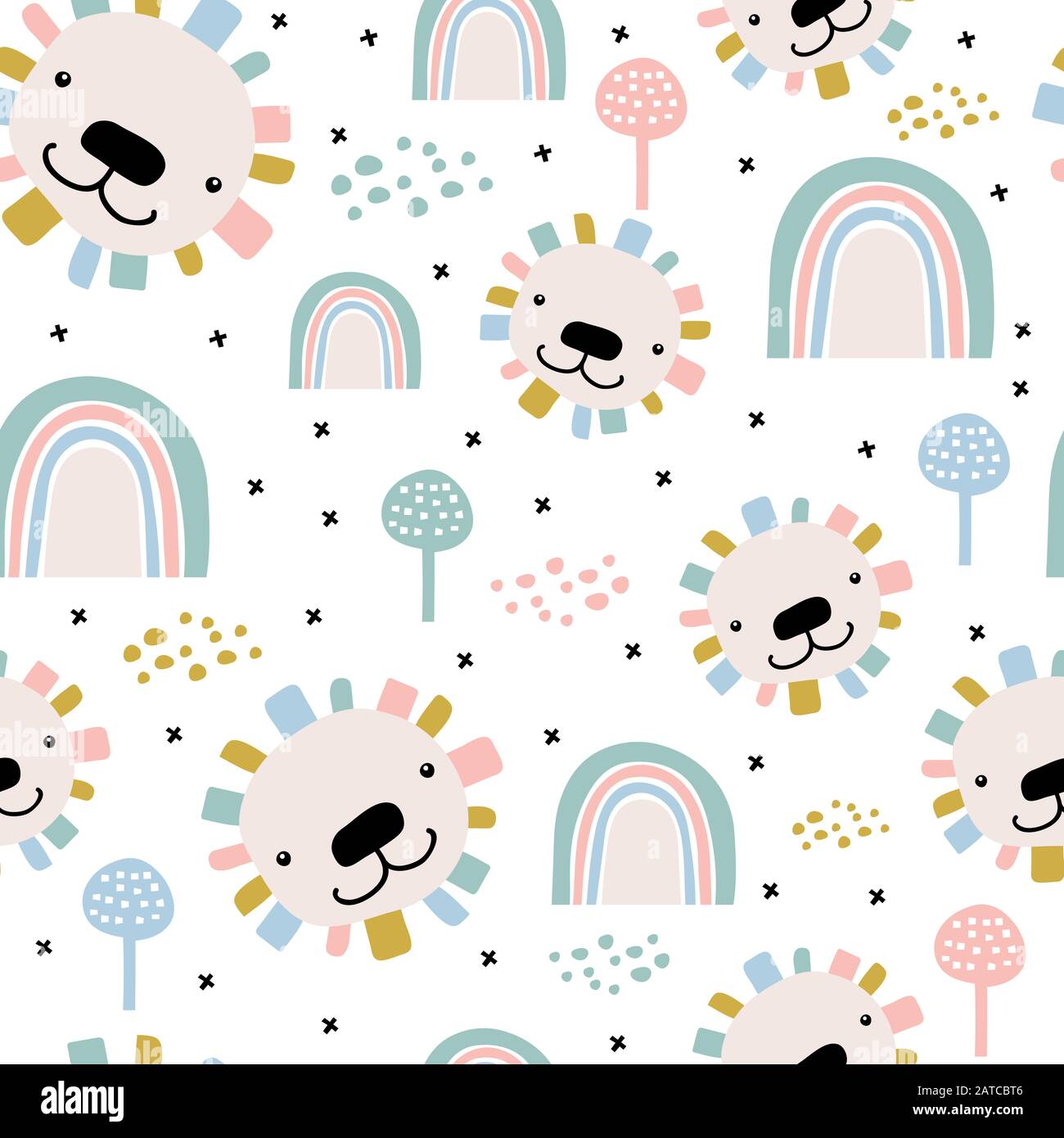 Nahtloses Muster mit niedlichen, handgezeichneten Löwengesichtern Stock Vektor