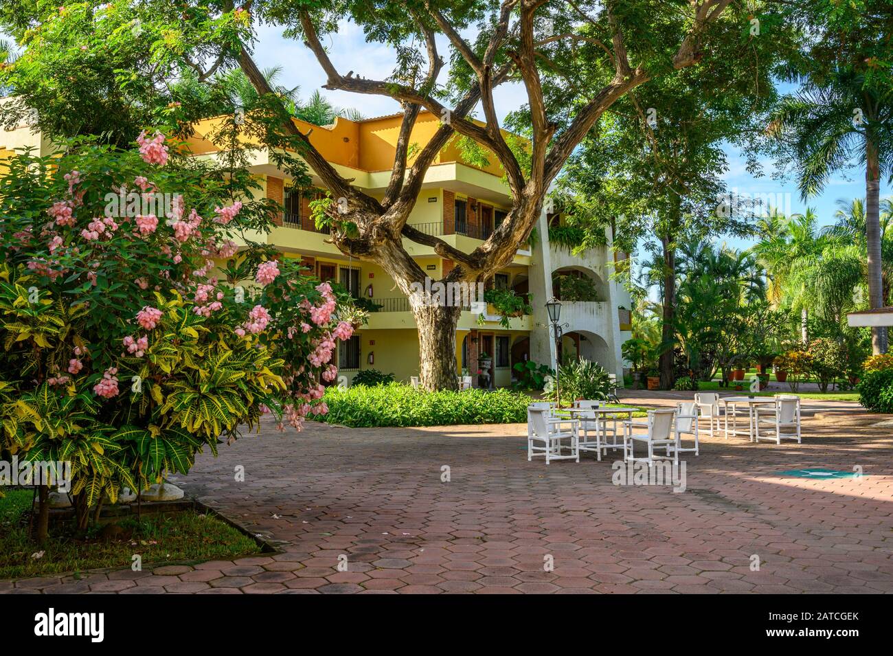 Hotel Garza Canela Courtyard in San Blas, Riviera Nayarit, Mexiko. Stockfoto