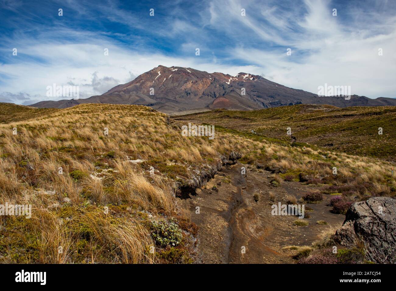 Malerische Aussicht auf den Berg Ruapehu im Tongariro National Park mit wunderschönen Wolken, Neuseeland, Nordinsel Stockfoto