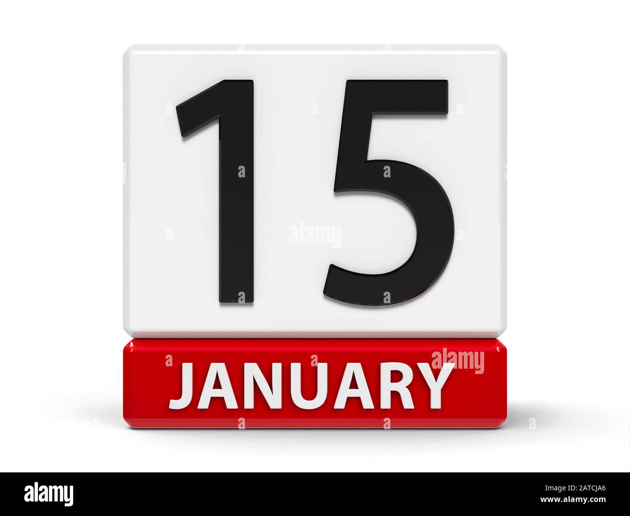 Rotes und weißes Kalendersymbol aus Würfeln - Der Fünfzehnte Januar - auf einem weißen Tisch, dreidimensionales Rendering, 3D-Abbildung Stockfoto