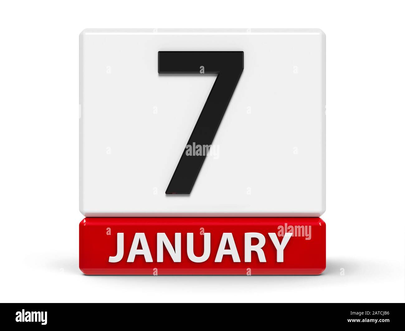 Rotes und weißes Kalendersymbol aus Würfeln - Der 7. Januar - auf einem weißen Tisch, dreidimensionales Rendering, 3D-Abbildung Stockfoto