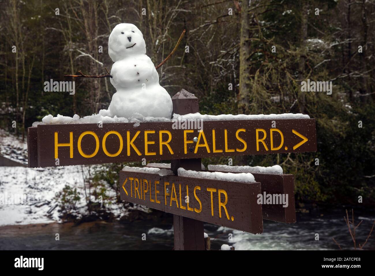 Snowman auf dem Wegweiser zu Hooker Falls - Dupont State Recreational Forest, in der Nähe von Brevard, North Carolina, USA Stockfoto