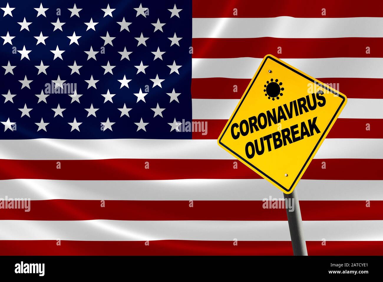 Coronavirus-Ausbruch, der vor einer Flagge der Vereinigten Staaten mit Kopierraum warnt. Konzept der zunehmenden Fälle von Coronavirus in den USA Stockfoto