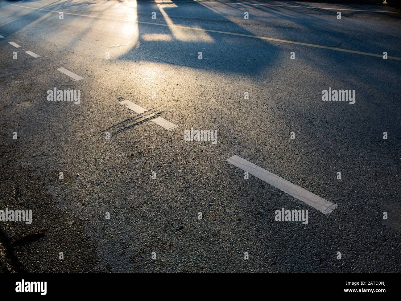 Morgenlicht fällt auf die Asphaltoberfläche einer leeren Straße, mit Schatten, weißen und gelben Fahrbahnmarkierungen und einer von Interesse für Oberflächenfehler. Stockfoto