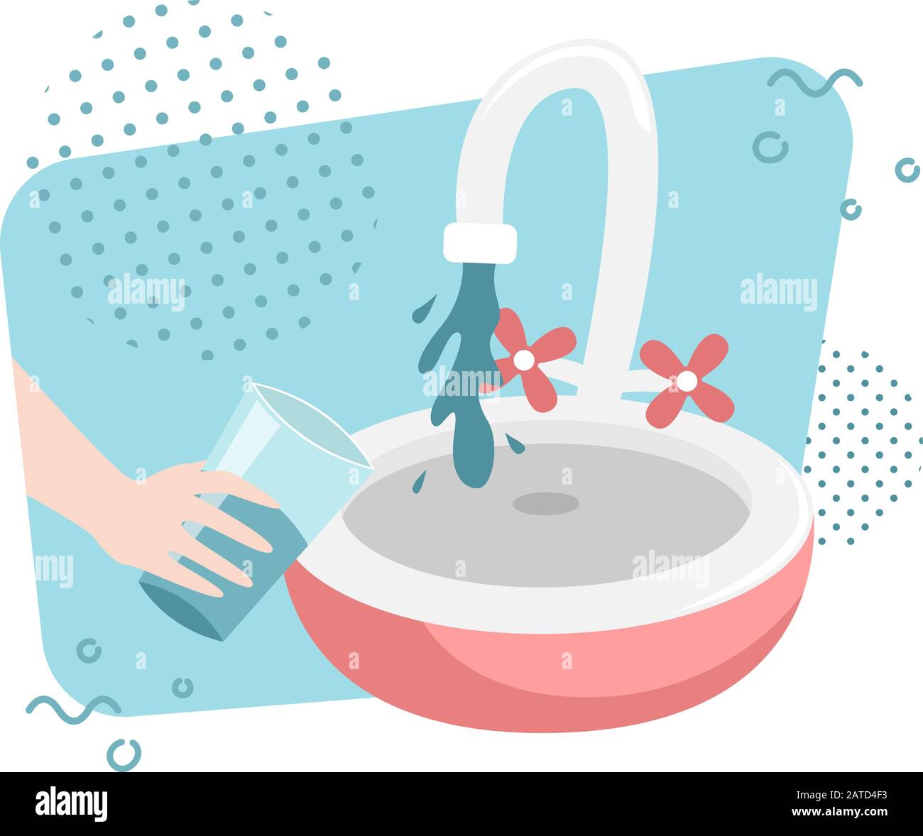 Ein Mann wählt Wasser aus dem Hahn in ein Glas. Flache Vektorgrafiken. Stock Vektor