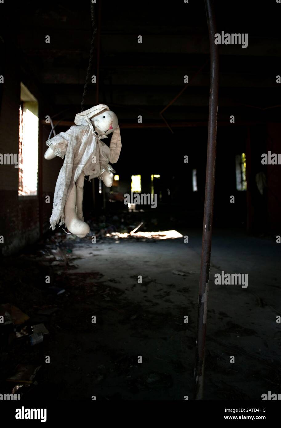 Ein Trix-Kaninchen fand heraus, dass er am Hals mit einem elektrischen Draht in einem verlassenen Western & Alabama Railroad Reparatur Yard Building, Montgomery, Alabama hing. Stockfoto