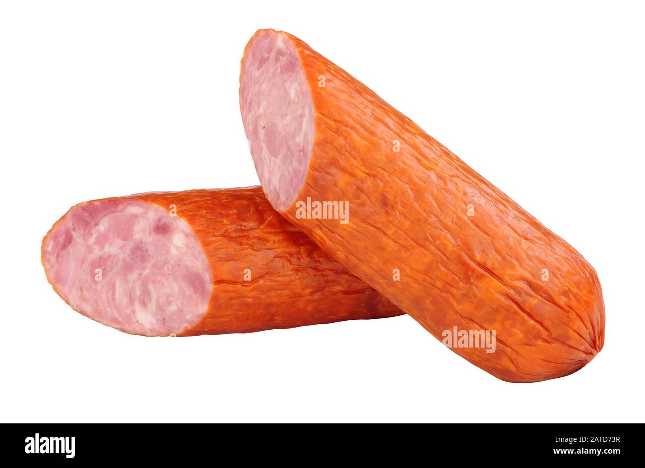 Polieren Sie mittelgrobgekochte geräucherte und getrocknete Wurst aus gehärtetem Schweinefleisch, isoliert auf weißem Grund Stockfoto