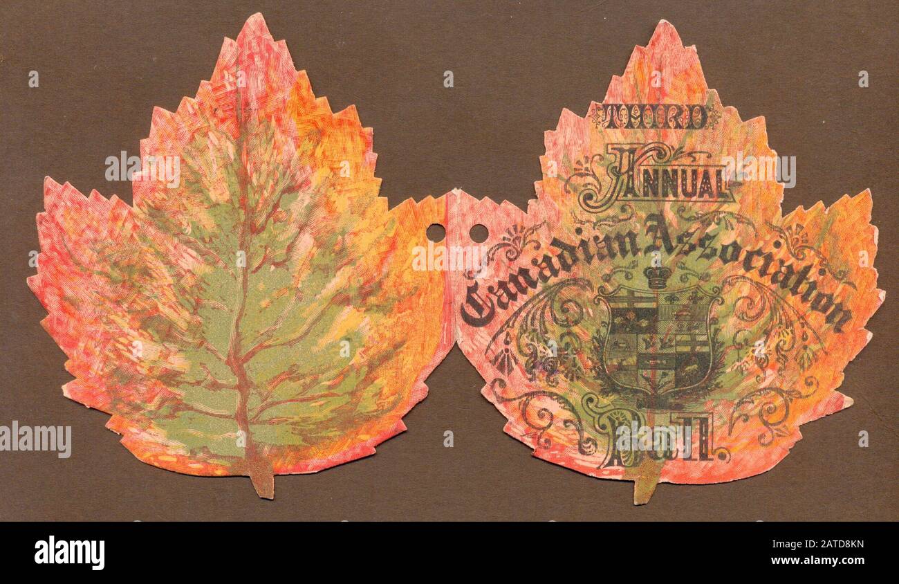 Die geschnittene, klappbare Tanzkarte für den Dritten jährlichen kanadischen Verbandskugel 1879 Stockfoto