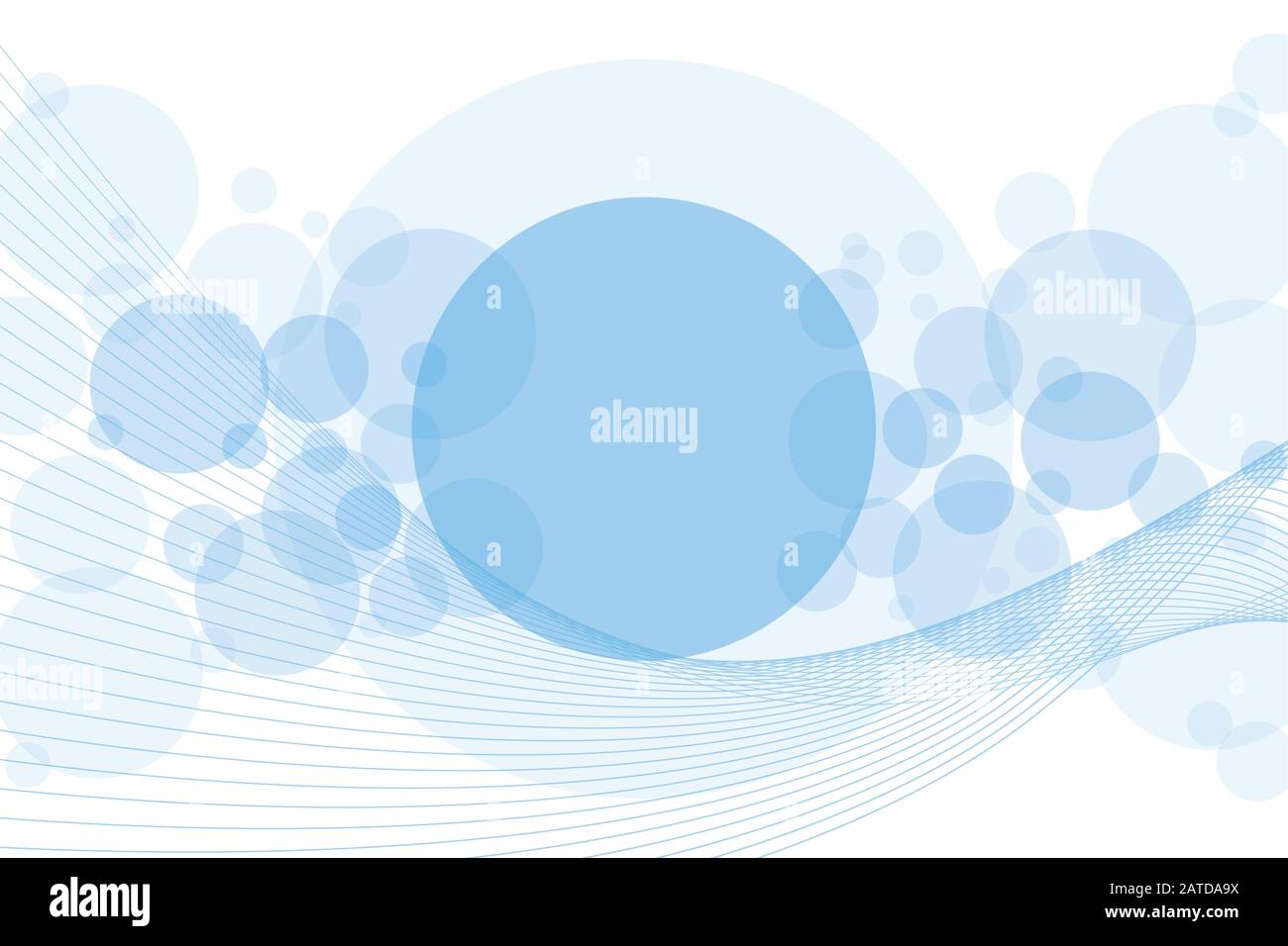 Durchqueren von Kreisen und gewellten parallelen Linien abstrakter Hintergrund. Zufällige, himmelblaue transparente Blasen und lineare Kurven, die auf Weiß platziert werden, mit Platz für Sie Stock Vektor