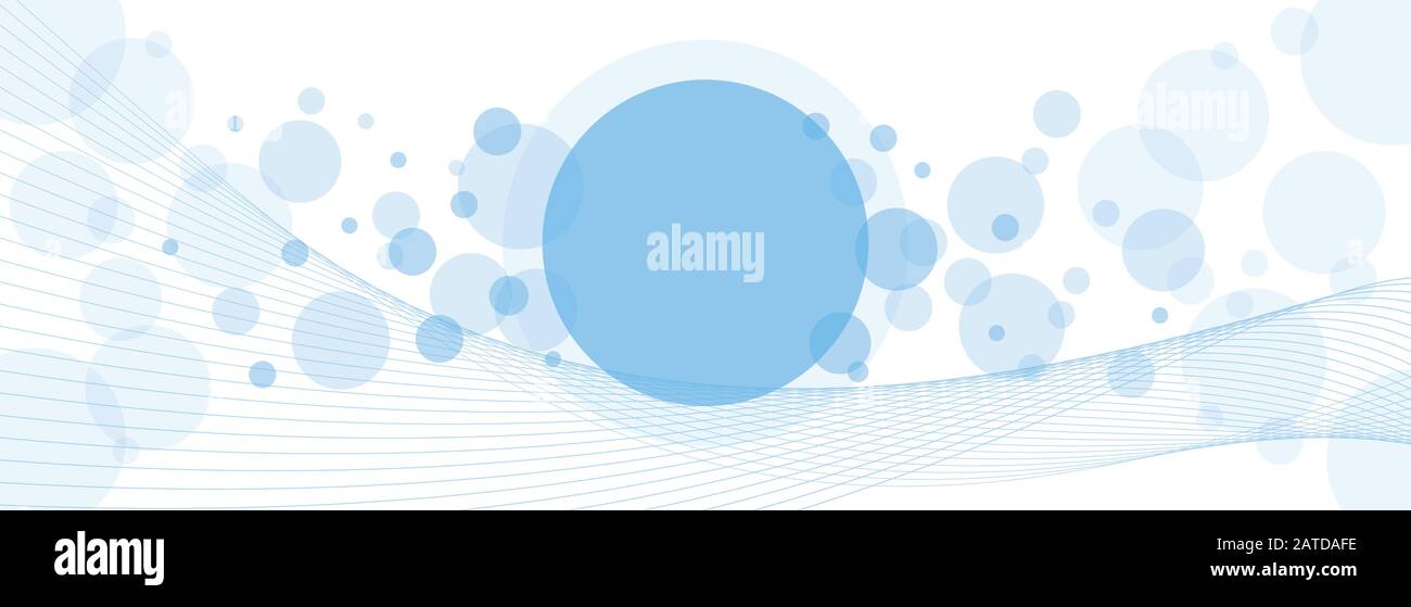 Durchqueren von Kreisen und gewellten parallelen Linien abstrakter Hintergrund. Zufällige, himmelblaue transparente Blasen und lineare Kurven, die auf Weiß platziert werden, mit Platz für Sie Stock Vektor