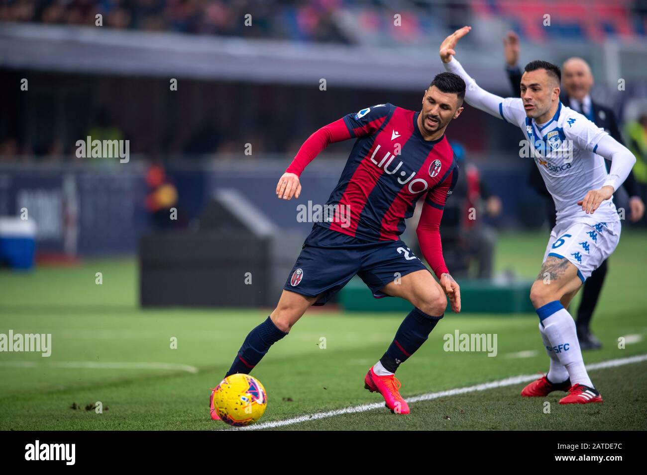 Roberto Soriano (Bologna) Bruno Martella (Brescia) während des italienischen Serie-A-Spiels zwischen Bologna 2-1 Brescia im Renato Dall Ara Stadium am 01. Februar 2020 in Bologna, Italien. (Foto von Maurizio Borsari/AFLO) Stockfoto