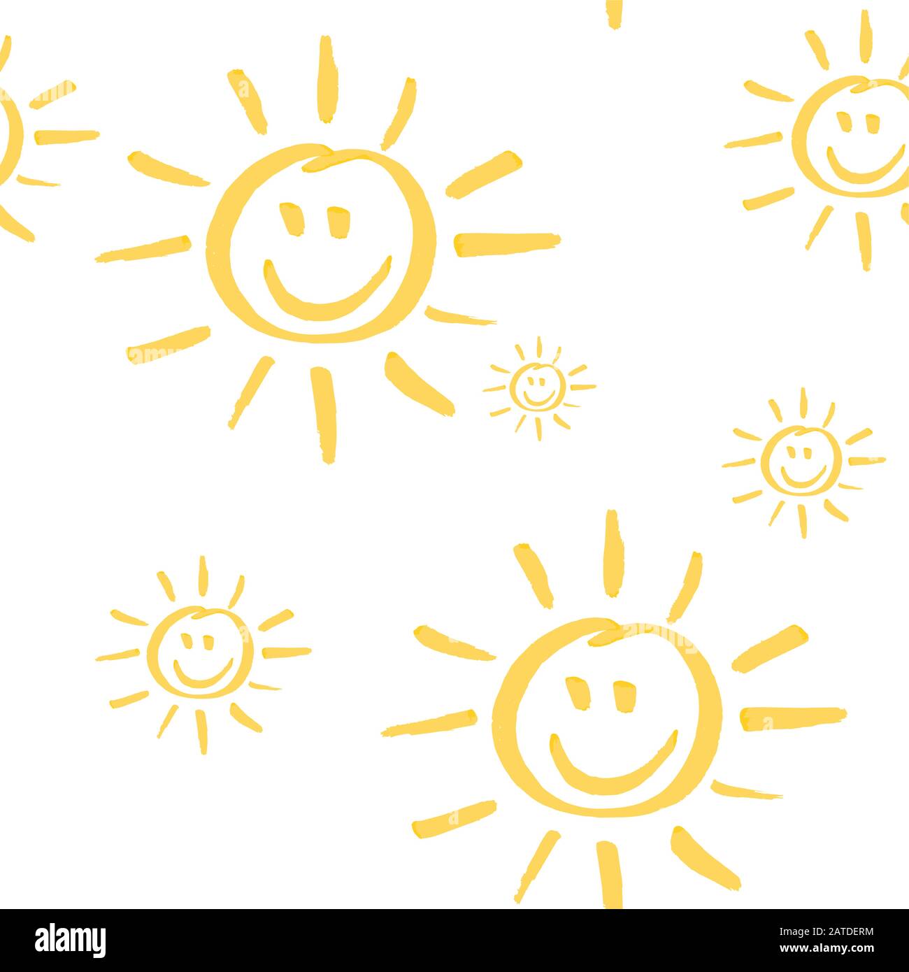 Nahtloses Muster mit lächelnder Sonnenhand, gezeichnet von Marker. Sonnige, sich wiederholende Textur in gelben Farben. Cartoon-Hintergrund für Kinder für Drucke, Textil, Wallpa Stock Vektor