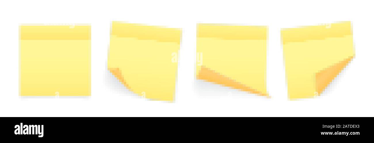 Sammlung von gelben Blatt beachten Sie Papiere mit gewellten Ecke und Schatten, bereit für Ihre Nachricht. Realistisch. Auf weissem Hintergrund. Einstellen Stock Vektor
