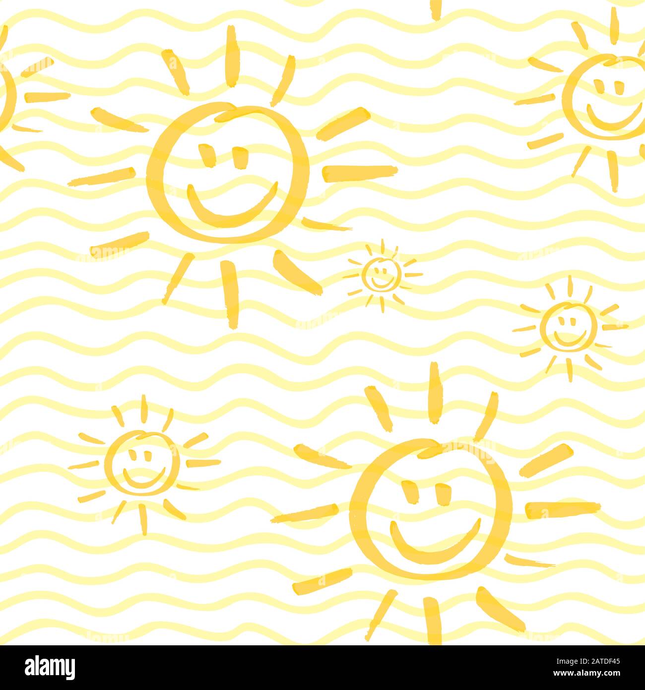 Nahtloses Muster mit lächelnder Sonnenhand, gezeichnet von Marker. Sonnenschein wiederholt Textur in gelben Farben. Cartoon-Hintergrund für Kinder für Drucke, Textil, Wal Stock Vektor
