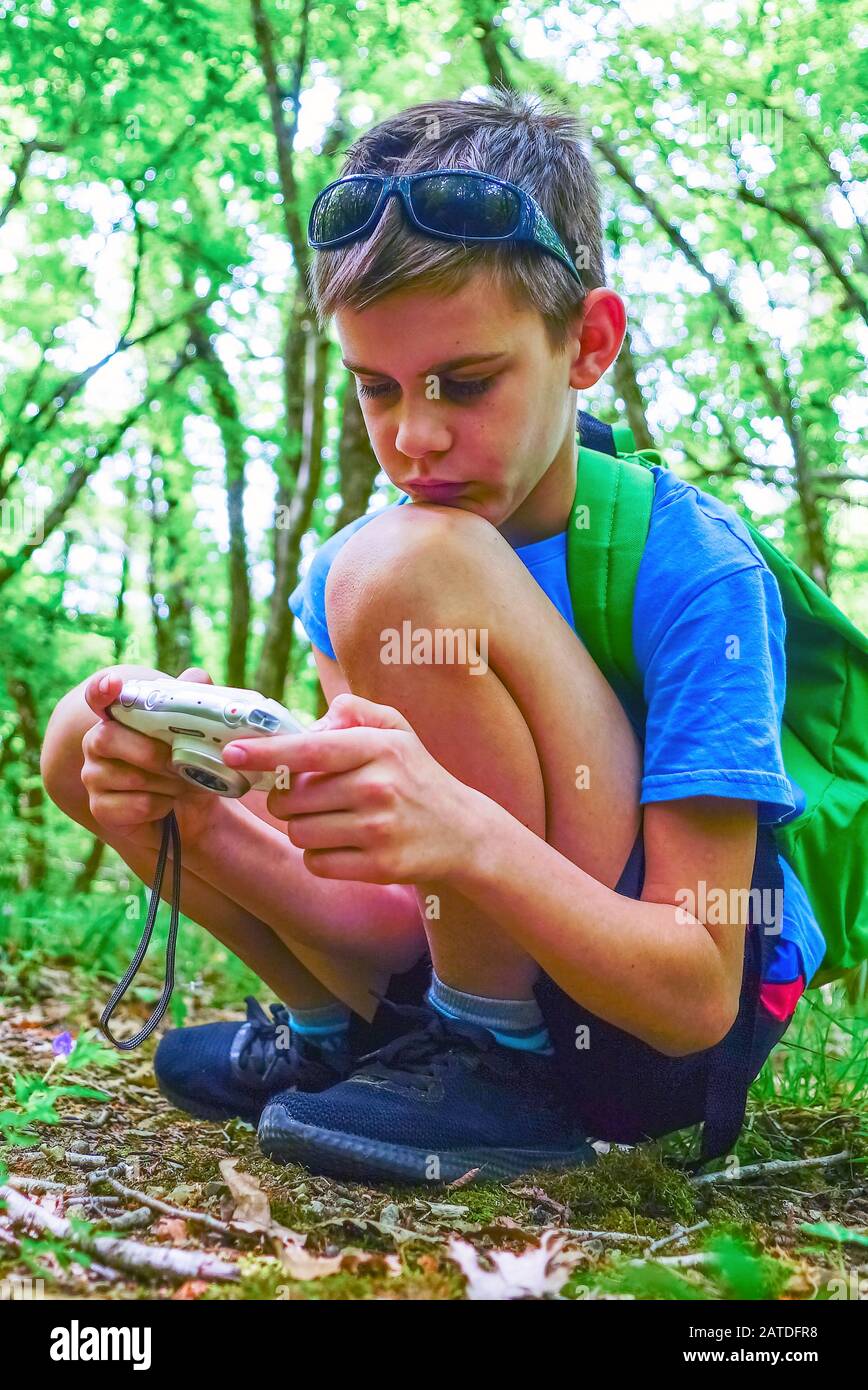 Ein Junge mit einer Kamera schießt eine Blume im Wald Stockfoto