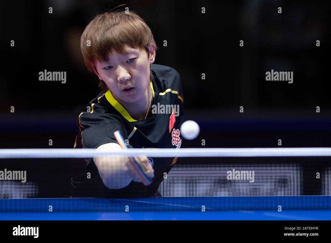 Magdeburg, Deutschland. Februar 2020. Tischtennis: German Open, Damen, Einzel, Halbfinale, Ding (China) - Wang (China). Wang Manyu in Aktion. Kredit: Swen Pförtner / dpa / Alamy Live News Stockfoto