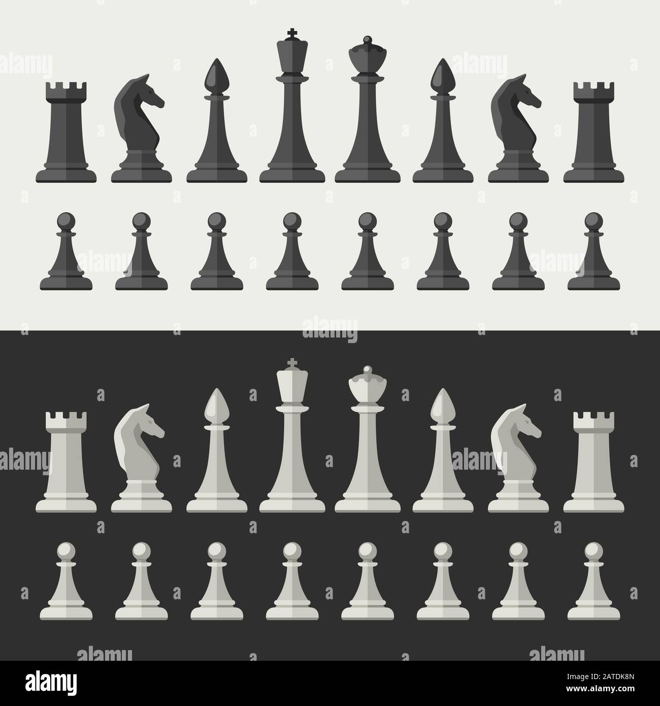Schachfiguren im flachen Stil. Schwarz-weiße Schachsymbole. Stock Vektor