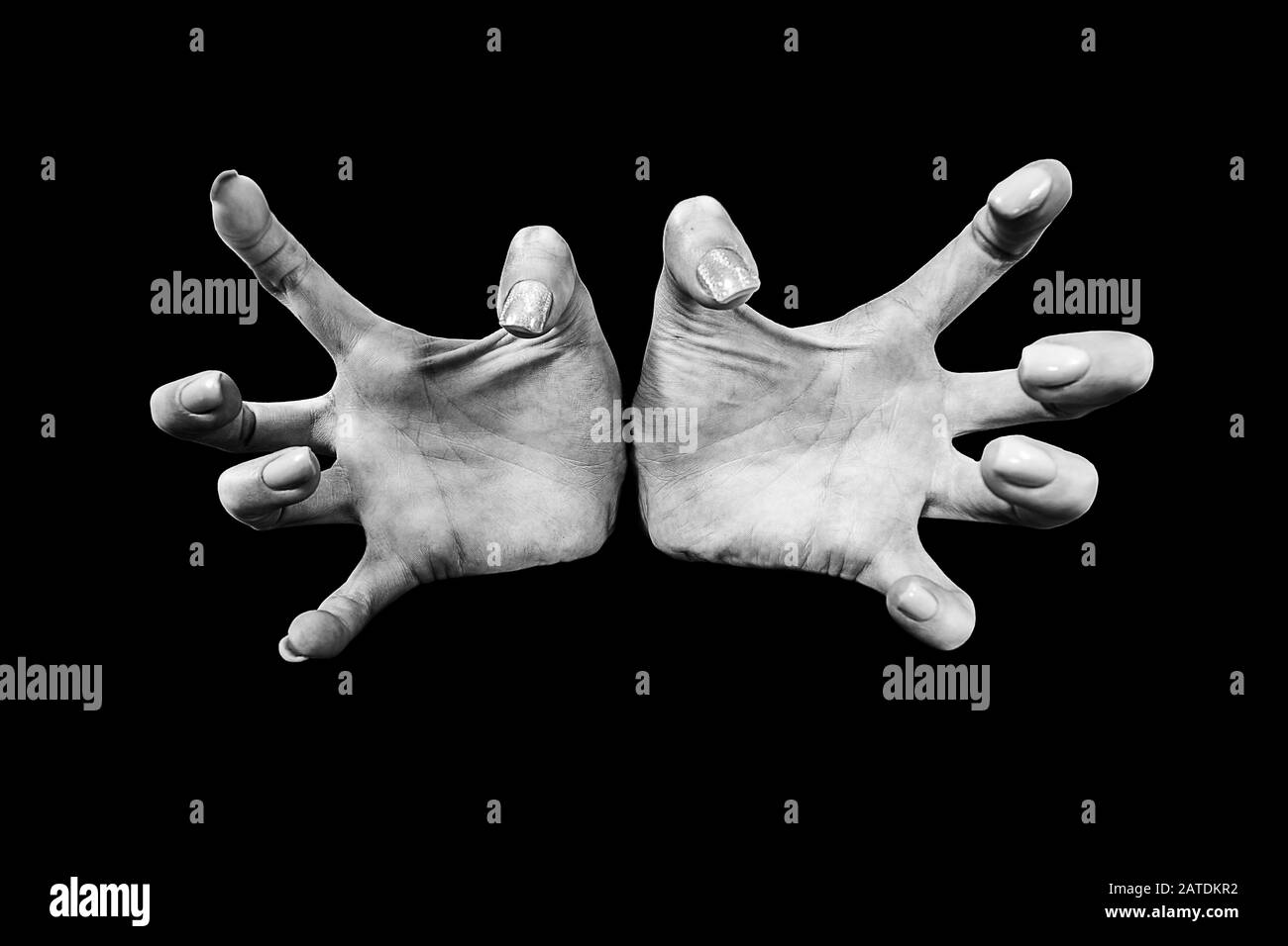 Weibliche Hände bei Attack-Geste in die Kamera eine große Ansicht auf schwarzem Hintergrund, monochromes Bild Stockfoto