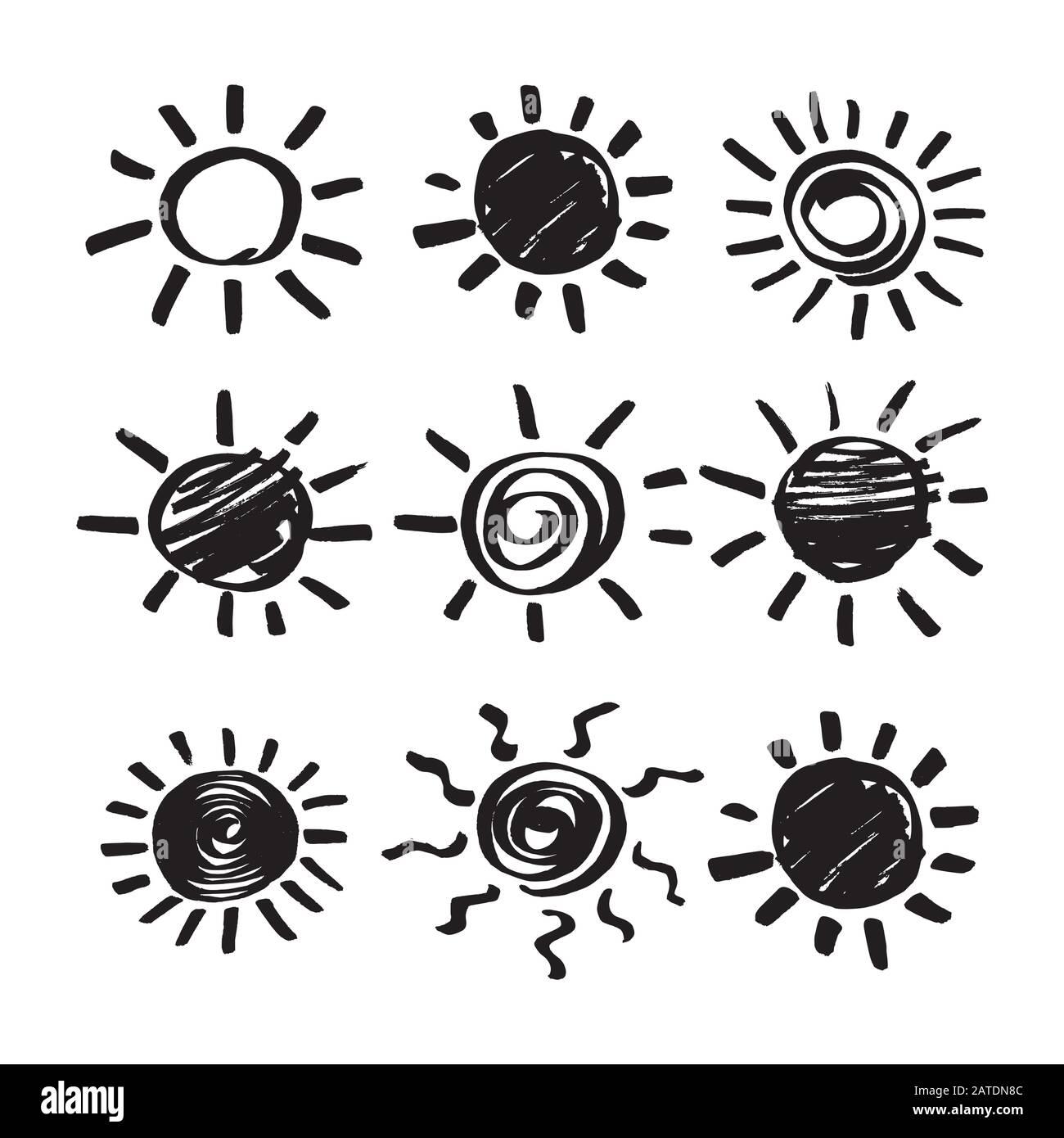 Sommerliche Designelemente für Sonnenvektoren. Satz von Sonnensymbolen Hand mit schwarzer Markierung. Filzstift kritzelt Sonneneinstrahlung isoliert auf Weiß. Skizze EPS8 Stock Vektor