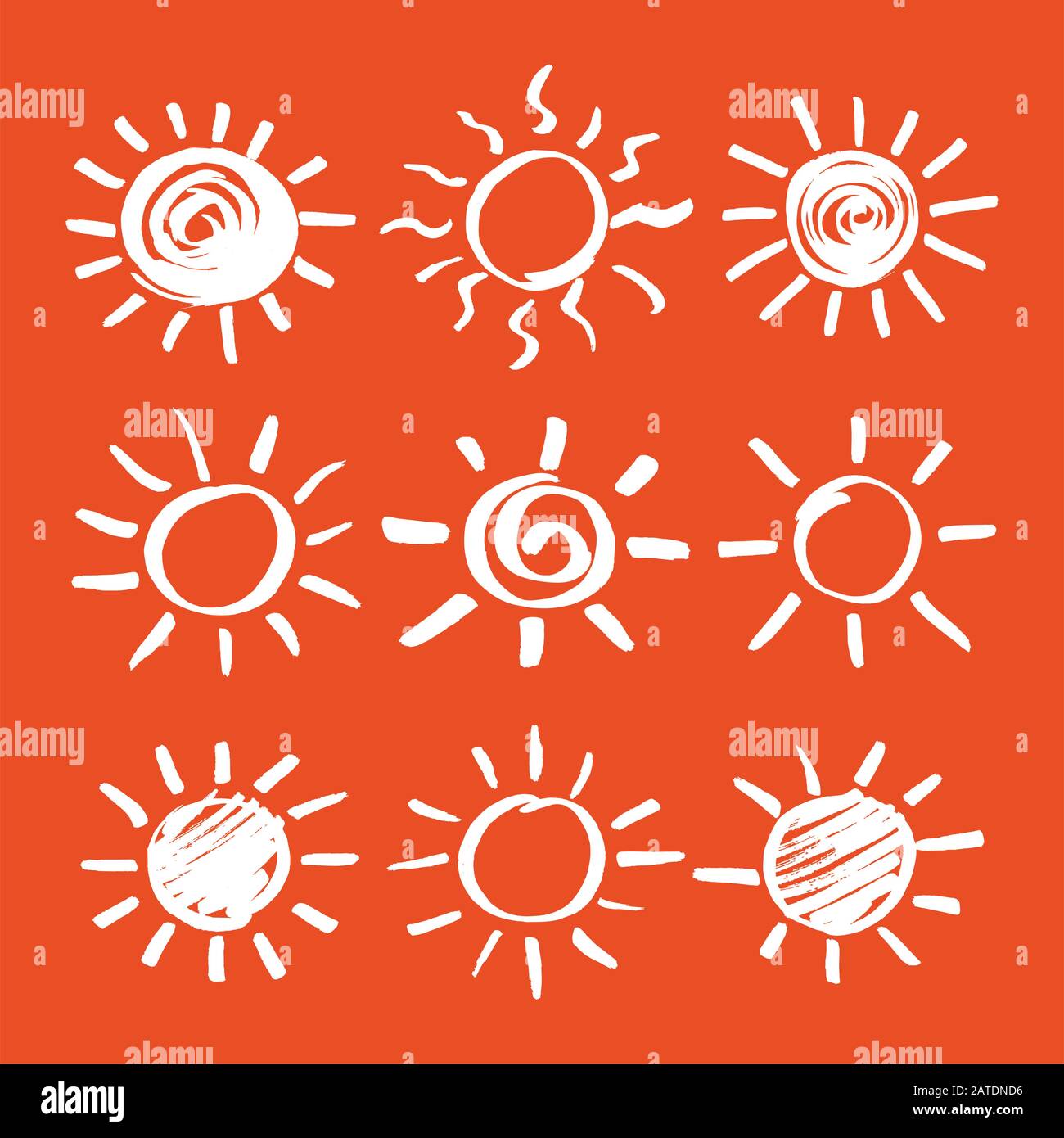 Designelemente für Sonnenvektoren. Satz von Sonnensymbolen Hand mit Markierung gezeichnet. Gefühlte Stift kritzelt Sonnenschein Strahlen isolierte Zeichen. Skizze EPS8-Abbildung. Stock Vektor