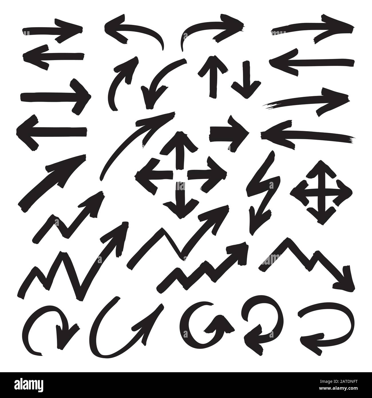 Satz von Markierpfeilen, Zeigern und Pfeilspitzen, die von einem Textmarker gezeichnet werden. Schwarze Filzstiftformen isoliert auf Weiß. Vektorsymbole in eps8. Stock Vektor